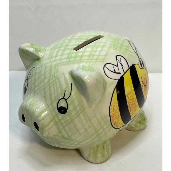 bumble bee pig Piggy Bank ceramic 6" souvenir green - Picture 1 of 9